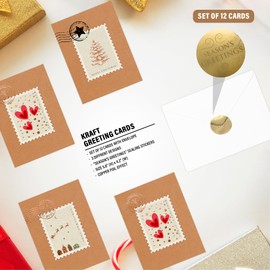easykart labels 12 Christmas Greeting Cards with Foiling on Kraft Paper with Envelopes,5.75 x 4.25 Inch Merry Christmas Cards with Seal Stickers for Friends, Family and Loved Ones