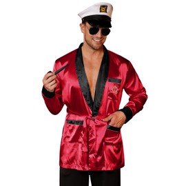 Mainfini 4 Pcs Men’s Wine Red Embroidered Satin Pajamas Costume Hugh Hefner Style Jacket with Hat Pipe and Glasses XL
