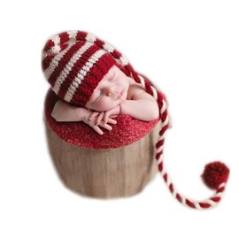 Coberllus Newborn Baby Photo Props Outfits Crochet Christmas Long Tail Hat for Girls Photography Shoot
