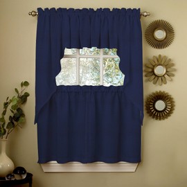Sweet Home Collection 5 Pc Kitchen Curtain Set-Valance Swag Choice of 24" or 36" Tier Pair, Ribcord Navy
