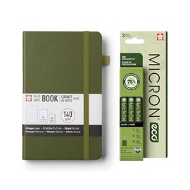 Sakura Paquete de cuaderno A5 y Pigma Micron - Set creativo para diario, bocetos y escritura - Cuaderno A5 con papel de 140 GSM - Bolígrafos de tinta 