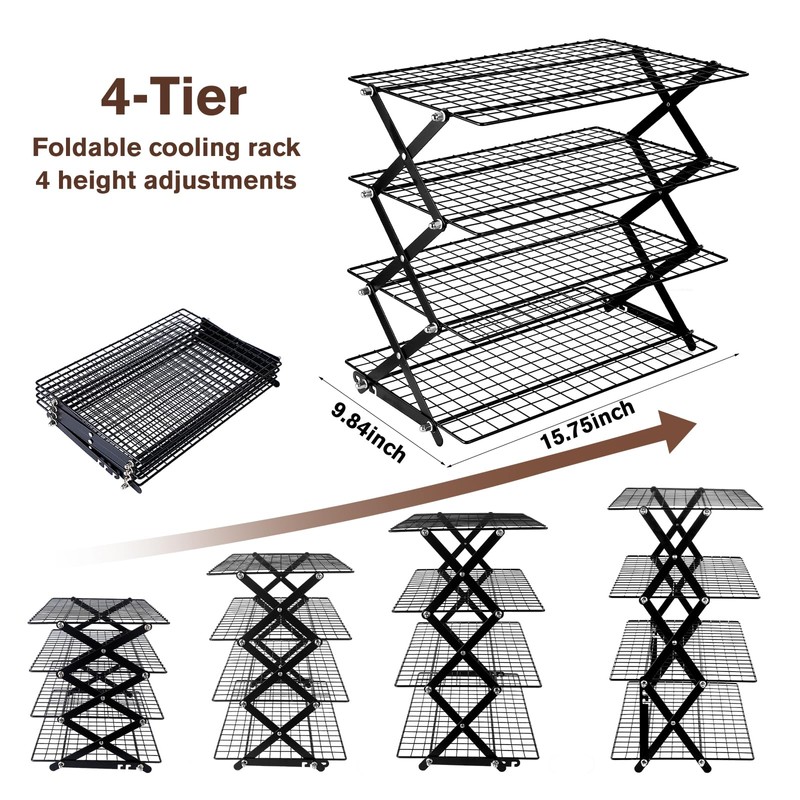 4 Tier Collapsible Cooling Rack, Adjustable Stackable Stainless Steel Baking