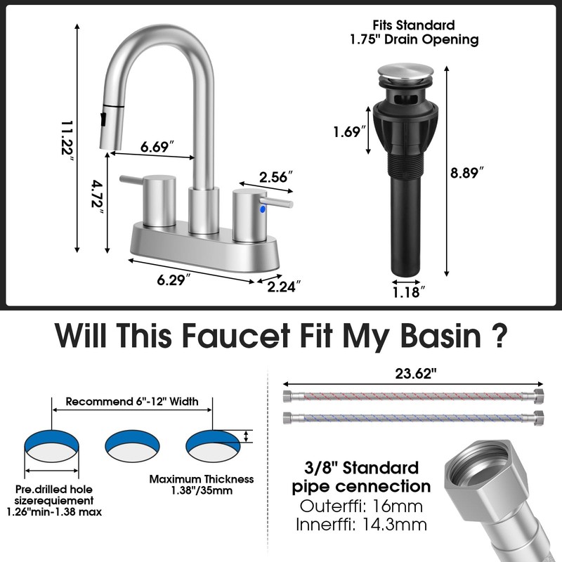 NOHALIPY Stainless Steel Brushed Nickel Bathroom Faucet with Pull Out