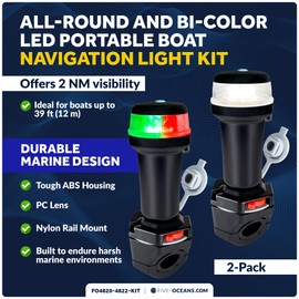 Five Oceans LED Portable Boat Navigation Light Kit, Bi-Color & All-Round Anchor Lights, IP67 Waterproof, Rail Mount, Battery-Powered, for Kayak, Canoe, Inflatable, Boats Up to 39 Ft - FO4820-4822-KIT