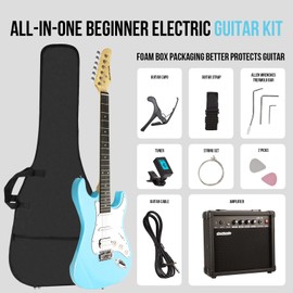 Soulmate 39 Inch Full Size Electric Guitar Kit for Beginner Solid Body HSS Starter Electric Guitar with Amplifier, Bag, Digital Tuner, Capo, Strap, String,Cable, Picks, Blue
