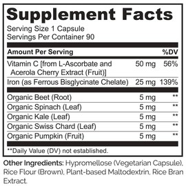 NATURELO Vegan Iron Supplement 90 Count 25mg with Vitamin C for Energy Support