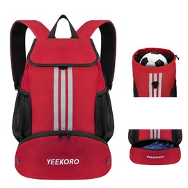 YEEKORO Soccer Backpack Multifunctional Sport Gym Bags Lightweight Soccer Bag with Dry-Wet Separate & Shoe Compartment & Side Mesh Pockets for Football Basketball Volleyball -Red