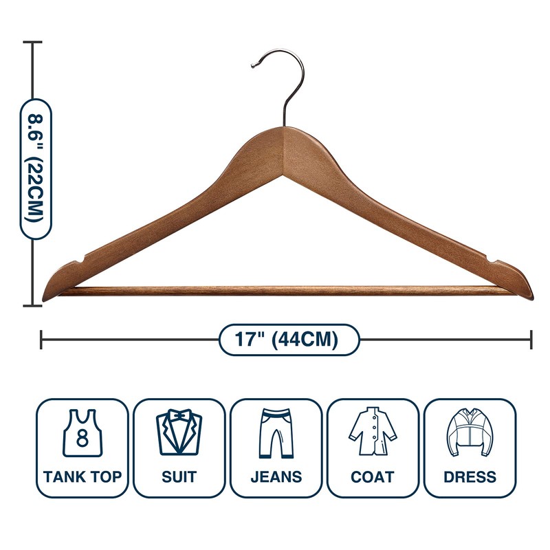 Wooden Hangers 10 Pack: Solid Shirt Hangers with Pants Bar,