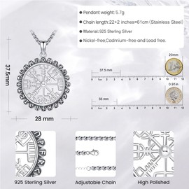 Eusense Viking Jewellery Viking Necklace Gifts 925 Silver Amulet Nordic Mythology Pendant Gift for Men Women Men Mother's Day Father's Day, Sterling Silver, No Gemstone