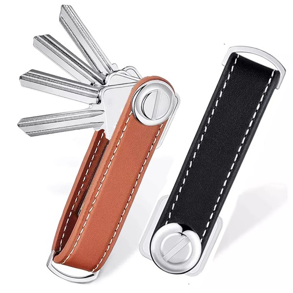 2PC Leather Key Organizer Compact Key Holder Folding Pocket Keychain