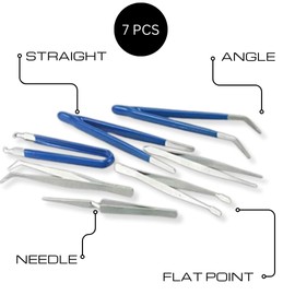 Invero 7 Piece Stainless Steel Precision Tweezer Set - Includes Needle, Angle, Straight and Flat Point Ideal for Hobbies, Shop, Garage and Workplace