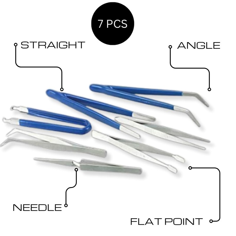 Invero 7 Piece Stainless Steel Precision Tweezer Set - Includes