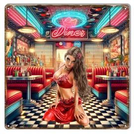 Handmade Seductive Woman in Diner 12x12 Metal Sign