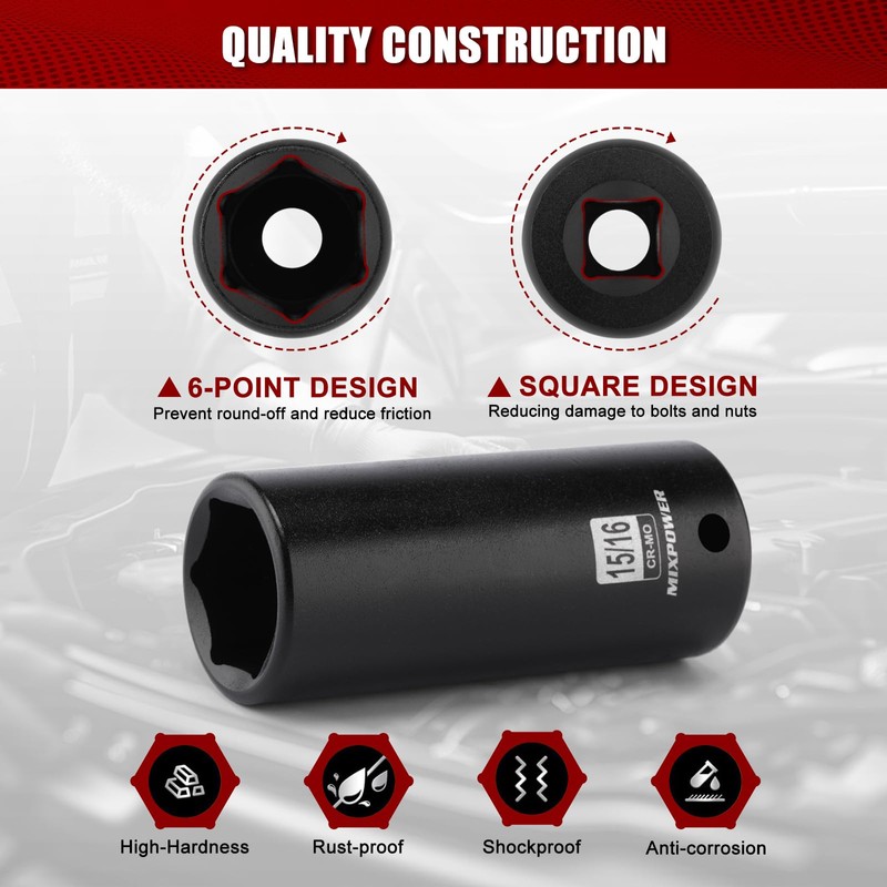 MIXPOWER 1/2" Drive Deep Impact Socket, CR-MO, 15/16", 6 Point,