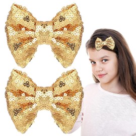 2pcs Gold Hair Bow Glitter Hair Bows 3inch Clip in Bows Sequin Bows for Girls Small Hair Bows Sequin Gold Bows Gold Hair Bow Big Gold Bow Baby Hair Clips Sparkling Sequin Bow Tie Hair Clip for Girls