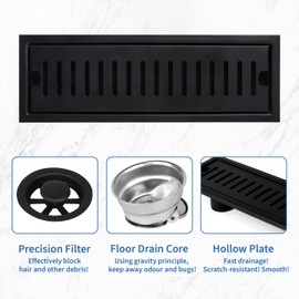 LALAGO Rectangular Floor Drain, 30 cm Drain Strainer, Black Stainless Steel Floor Drain Odour Trap, Odour-Inhibiting Shower Drain Channel, Floor Drain Shower with Double Filter, Hair Strainer Edge