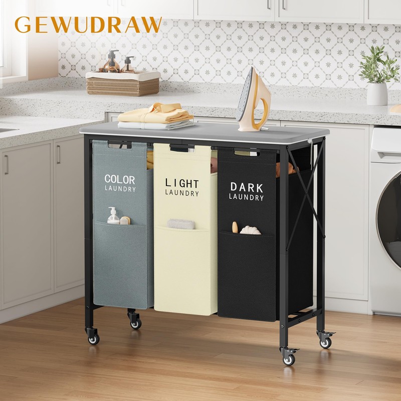 Gewudraw 3 Section Laundry Sorter with Ironing Board, Laundry Hamper