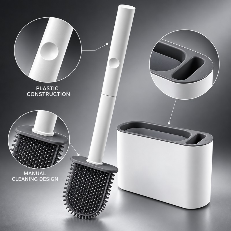 Flat Head Toilet Brush with Wall-Mounted Holder – Flexible Bathroom