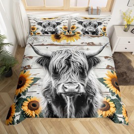 Highland Cow Bedding Set Kids Farm Highland Cattle Comforter Cover Set for Girls Women Sunflower Farmhouse Style Duvet Cover Twin Size Breathable Wood Grain Bedspread Cover Room Decor Quilt Cover
