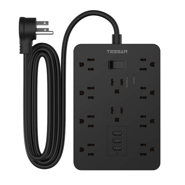 Surge Protector with Extension Cord 10 Ft, TESSAN Flat Plug