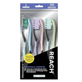 Reach Essentials Toothbrush with Toothbrush Caps, Multi-Zoned Angled Soft Bristles, Contoured Handle, Tongue Scraper, 6 Count