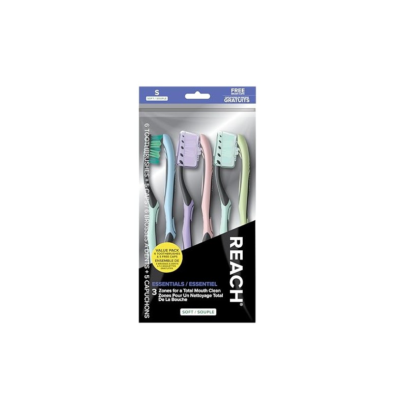 Reach Essentials Toothbrush with Toothbrush Caps, Multi-Zoned Angled Soft Bristles,