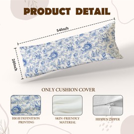 SNNDER Vintage Chinoiserie Blue and White Floral 20x54 Body Pillow Cover with Zipper, Retro Cottagecore Toile De Jouy Flower Botanical Decorative Long Hug Pillow Cases for Bed Couch