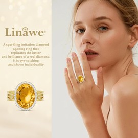 Linawe Chunky Gold Rings for Women, Birthstone Adjustable Rings, Imitation Diamond Citrine Yellow Crystal Oval Rings, Statement CZ Cubic Zirconia Cocktail Ring, Costume Rings