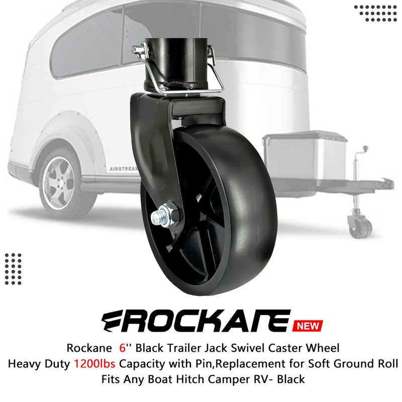 Rockane 6" Black Trailer Jack Swivel Caster Wheel Replacement, Heavy