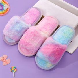 LOBUJOU Fluffy Slippers for Kids Girls Furry Slides Open Toe Home Indoor Shoes Multicolor 51V20