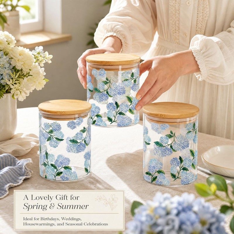 JarThenaAMCS 3Pcs Hydrangea Glass Storage Jars with Airtight Lid Blue