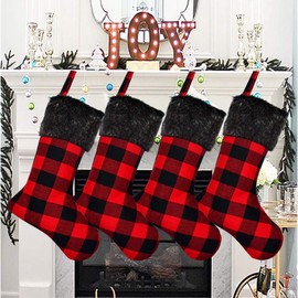 Senneny Christmas Stockings- 4 Pack 18" Red Black Buffalo Plaid Christmas Stockings with Plush Faux Fur Cuff, Classic Large Christmas Stockings Decorations for Family Christmas Holiday Party Decor