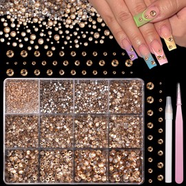 Champagne Gold Crystal Nail Art Rhinestones Kit, Mixed Sizes Half Gold Glass Gems Rhinestone for Nail, Nails Diamond Stones Gems for Nails Art DIY Supplies with Pickup Tools