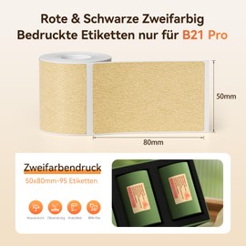 NIIMBOT Labels, Red and Black Printed Labels for B21Pro Only, 50 x 80 mm, 95 Labels per Roll, Kraft Paper