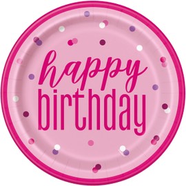 Unique 83607EU Eco Friendly Paper Plates-23cm-Glitter Pink & Silver 8 Pack-Pack of 8, Happy Birthday