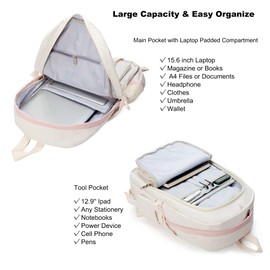 Laptop Backpacks 16 Inch School Bag College Backpack 3 PCS with Lunch Box Pencil Pouch Set Large Travel Daypack Kawaii Bookbags for Teens Girls Women Students (Off-white)