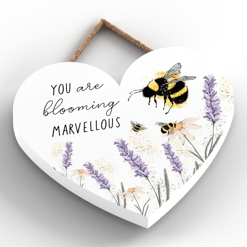 Global Designs BLOOMING MARVELLOUS BUMBLE AND LAVENDER TYPOGRAPHY WOODEN HEART