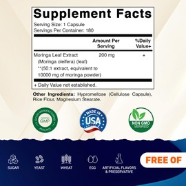 Vitamatic Moringa Capsules 10,000 mg Equivalent Per Serving - 180 Capsules - Pure Moringa Oleifera Leaf Powder Supplement - Green Superfood - Non-GMO, Made in The USA