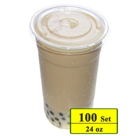 Belinlen 100 Sets 24 oz. Plastic CRYSTAL CLEAR Cups with Flat Lids for Cold Drinks, Iced Coffee, Bubble Boba, Tea, Smoothie etc.