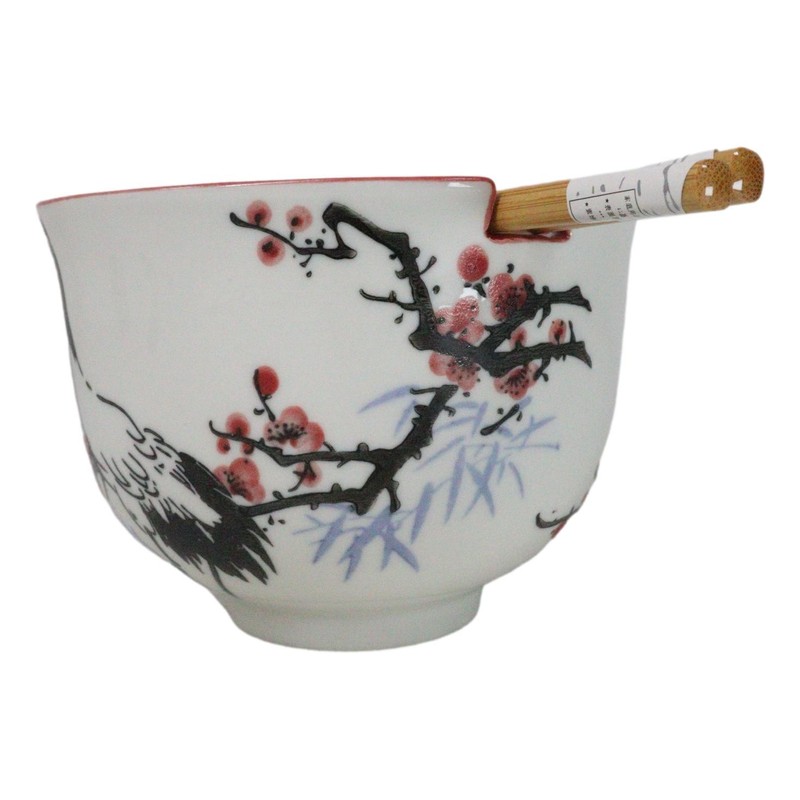 Japanese Crane On Cherry Blossoms Ceramic Donburi Ramen Bowl With