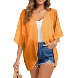 FINOCEANS Ladies Sheer Chiffon Cardigans Fall Batwing Kimonos Cover Ups Beach V Neck Half Sleeve Ginger Large