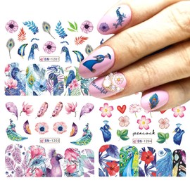 12 Sheets Nail Water Transfer Decals, Nail Art Stickers for Women, Holographic Peacock Flowers Maple Leaf Feather Etc Nail Designs Supplies, Acrylic Nails Decorations DIY Resin Nail Decal Tattoos Set