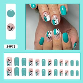 Green Press on nails Short Square False Nails with Maple Leaves Designs Fake Nails-24Pcs