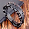 8" Multi-layer Onyx Men's Leather Bracelet with Stainless Steel Magnetic
