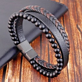 8" Multi-layer Onyx Men's Leather Bracelet with Stainless Steel Magnetic Clasp