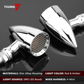 TSUNG 2PCS Motorcycle Rear Turn Signals LED Bullet Blinkers Tail Light Small Universal Compatible with Harley Davidson Honda Cruiser Iron Softail Street Bike Cafe Racer Bobber (SMD-Chrome-Red&Amber)