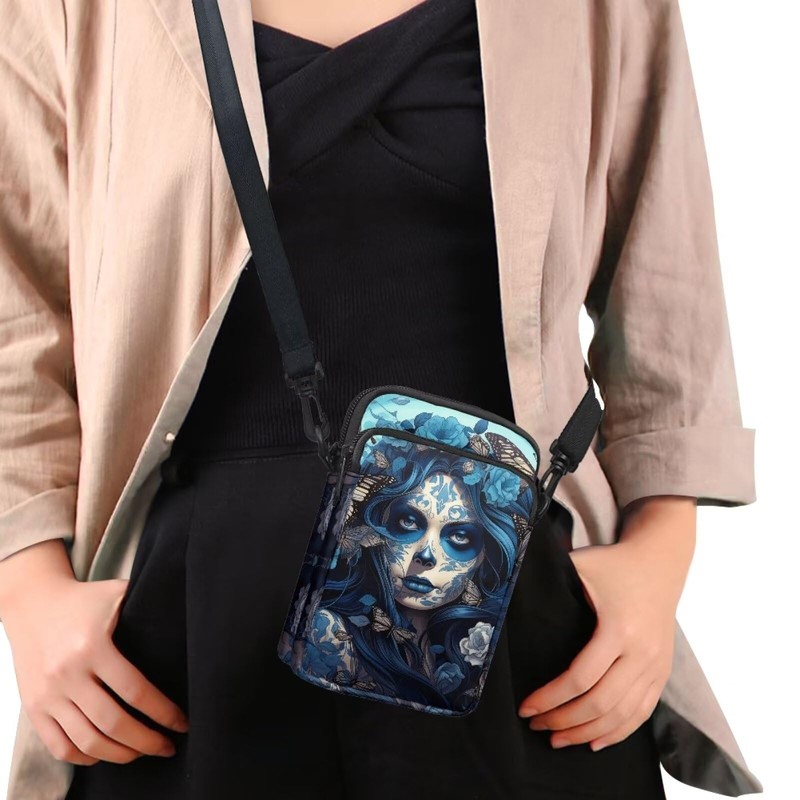 TSOVTHRID Sugar Skull Women Blue Flower Cross Body Bag, Small
