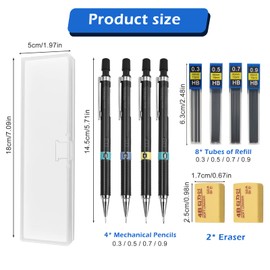 15 Piece Mechanical Pencil Set, 0.3/0.5/0.7/0.9 Mechanical Pencil Lead Pencils, Children's Pencil Metal Automatic Pencils with 8 Pencil Leads, HB 2 Eraser, Pencil Case, Office Accessories