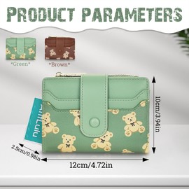 AfitLulu Cute Wallet for Women, Bear Print Zip Bifold Wallet with Front Card Slot, ID Window, Cash Slot, Short Women Wallet Elegant Youthful and Cute. (White)