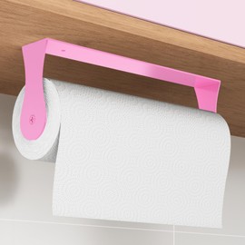 Pink Paper Towel Holder Under Cabinet, Pink Kitchen Accessories Decor, Stainless Steel, Wall Mount Paper Roll Holder for Bathroom, Adhesive or Screws